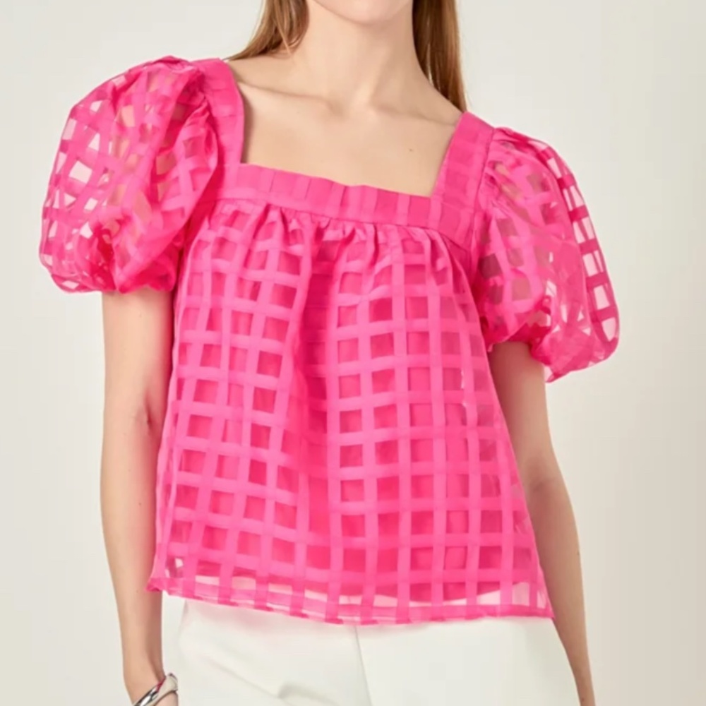 English Factory ORGANZA GRIDDED SQUARE NECK CROP TOP